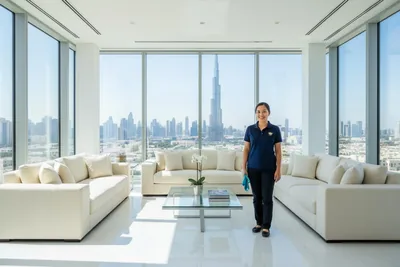 Villa living room with Burj Khalifa view after cleaning